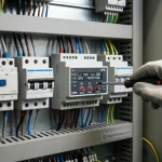 Endüstriyel elektrik panosu içerisinde gerilim koruma rölesi montajı ve hassas voltaj limit ayarı yapan uzman tekniker.