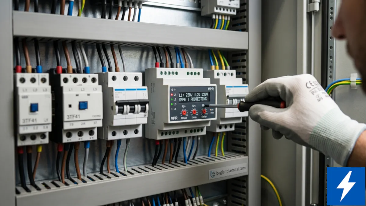Gerilim Koruma Rölesi Bağlantı Şeması | Çalışma Prensibi ve Ayarları 1 Endüstriyel elektrik panosu içerisinde gerilim koruma rölesi montajı ve hassas voltaj limit ayarı yapan uzman tekniker.