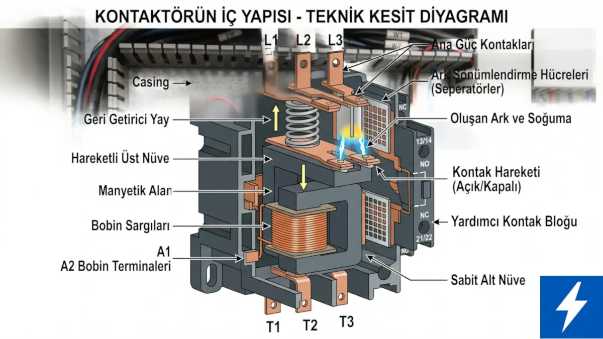 Kompleks Endüstriyel Güç Kontrolü: Kontaktör Nedir, Nasıl Çalışır ve Teknik Seçim Kriterleri Nelerdir? 3 Kontaktör iç yapısı, bobin, nüve, yay ve ark söndürme hücrelerini gösteren detaylı teknik kesit diyagramı