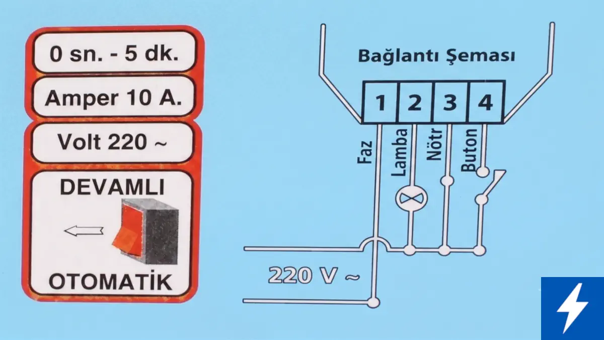 Merdiven Otomatiği Bağlantı Şeması ve Kapsamlı Kurulum Rehberi 5 Merdiven otomatiği ön panel üzerindeki ayarlar ve tanımanların gösterildiği şema