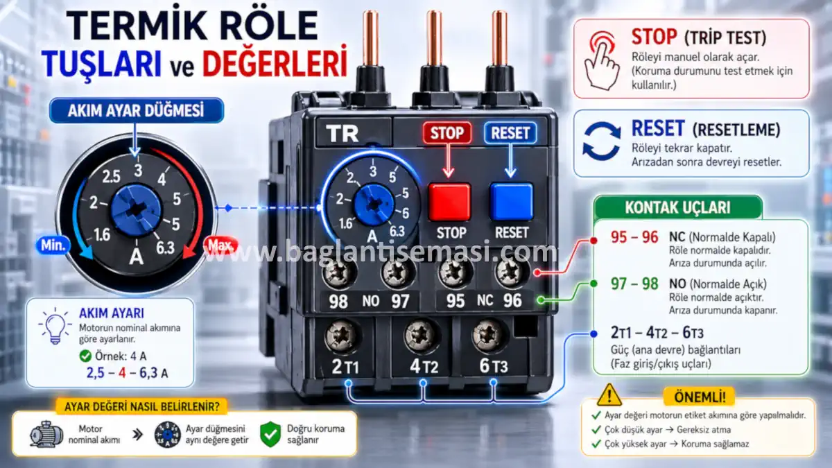 Termik Röle Bağlantı Şeması, Çalışma Prensibi ve Seçim Rehberi 5 Termik röle ön panel tanıtımı: 95 96 ve 97 98 kontakları, akım ayar portu, test ve reset butonları