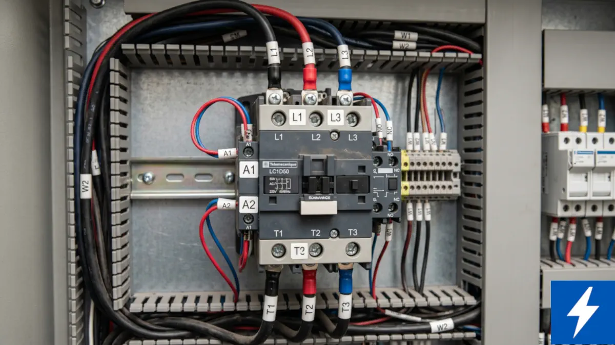 Kompleks Endüstriyel Güç Kontrolü: Kontaktör Nedir, Nasıl Çalışır ve Teknik Seçim Kriterleri Nelerdir? 2 Üç fazlı ağır hizmet kontaktörü güç ve kumanda bağlantı terminalleri (A1-A2, L1-L2-L3) genel görünümü
