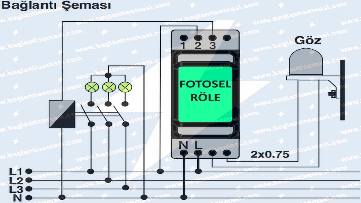 Fotosel Röle Bağlantı Şeması; Fotosel Röle Nedir, Nasıl Çalışır? 2 Fotosel Röle Bağlantı Şeması - Teknik Çizim: Fotosel röle bağlantılarının teknik dille anlatıldığı teknik şema görseli