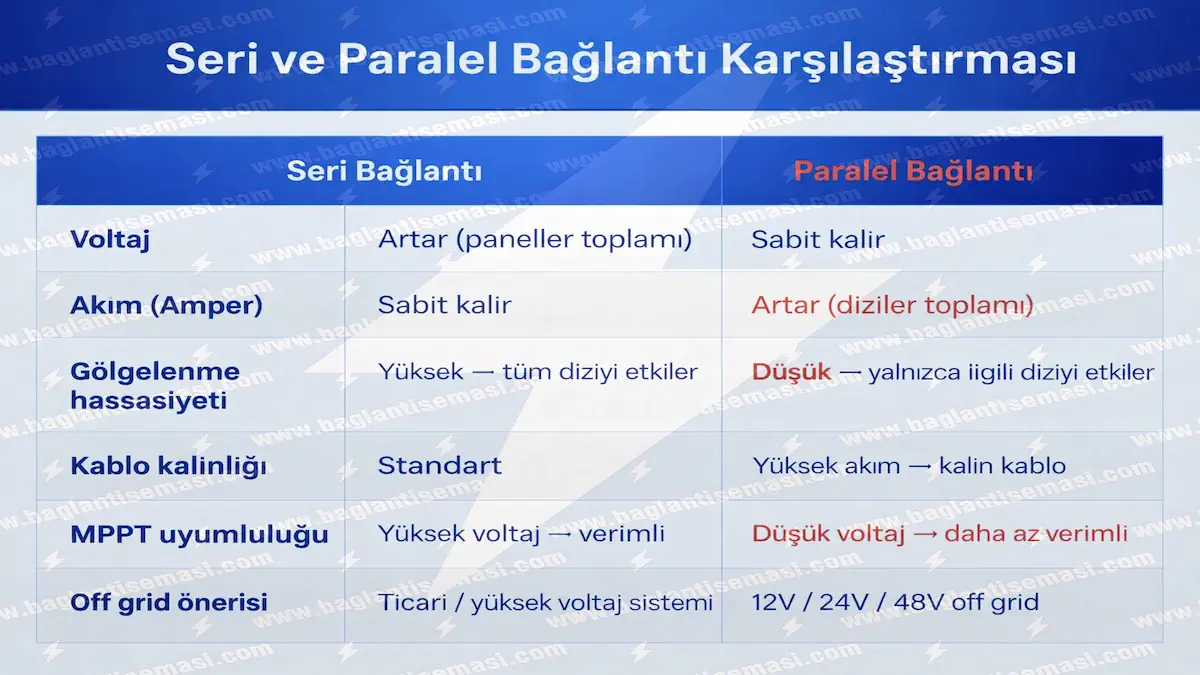 Akıllı İnvertörlü Off-Grid Güneş Panelleri Bağlantı Şeması ve Kurulum Rehberi 11 Güneş panellerinin seri bağlantısının ve paralel bağlantısının avantaj ve dezavantajlarının karşılaştırılma tablosu görseli
