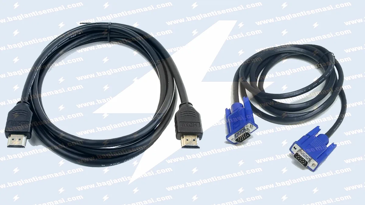 CCTV Kamera Bağlantı Şeması: Detaylı Kurulum ve BNC Soket Montaj Rehberi 6 HDMI ve VGA kablolarının hazır halini gösteren teknik şema