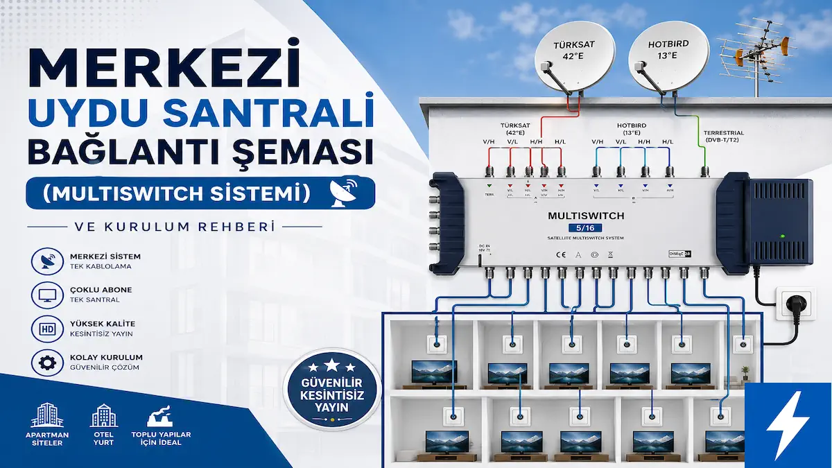 Merkezi Uydu Santrali Bağlantı Şeması (Multiswitch Sistemi) ve Kurulum Rehberi 1 merkezi uydu sistemi bağlantı şeması multiswitch kapak görseli