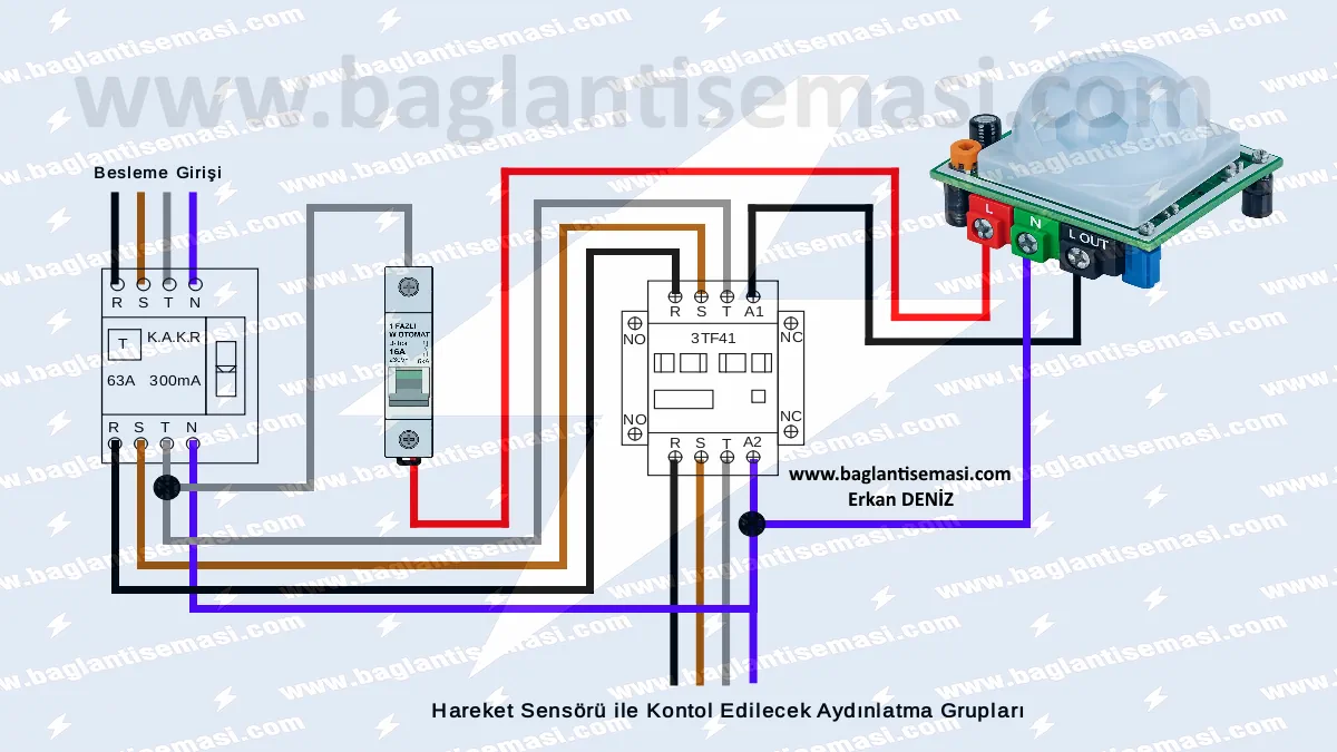 Hareket Sensörü Bağlantı Şeması ve Kurulum Rehberi (PIR ve Radar) 6 Hareket sensörü ve kontaktörün birlikte kullanıldığı bağlantı şeması