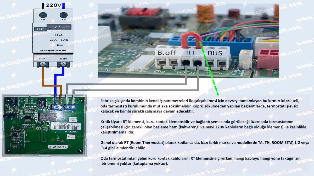Oda Termostatı Bağlantı Şeması ve Kurulum Rehberi 5 Kablosuz oda termostatı ile kombi anakartı arasındaki kuru kontak ve 220V besleme ayrımını gösteren detaylı bağlantı şeması.