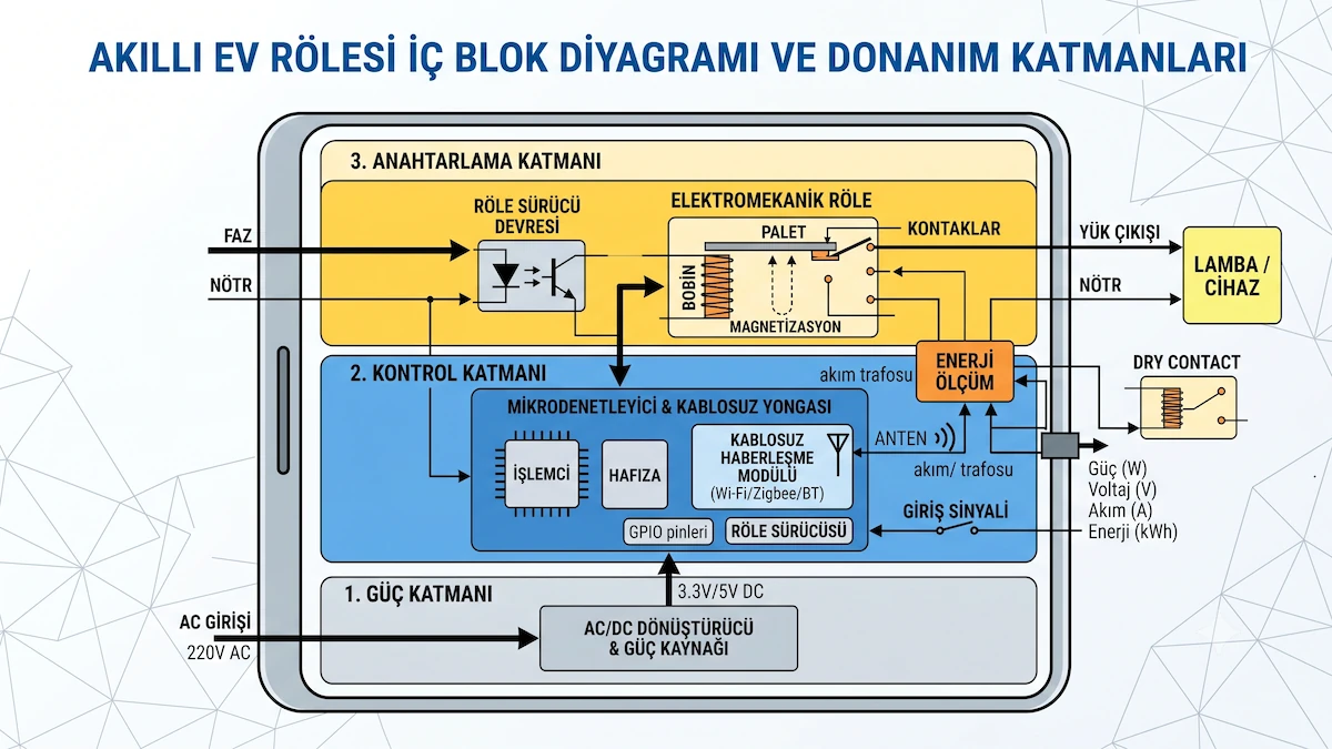 Akıllı Ev Rölesi Nedir? Çalışma Mantığı, Tesisat Bağlantıları ve Seçim Rehberi 2 Akıllı ev rölesi iç blok diyagramı ve donanım katmanları şeması; mikrodenetleyici, güç katı, anahtarlama ve enerji ölçüm birimlerinin teknik yapısı.