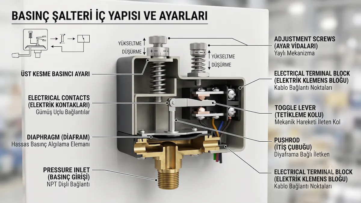 Basınç Şalteri Bağlantı Şeması: Kompresör ve Hidroforlar İçin Kesin Çözüm 3 Kompresör ve hidrofor sistemleri için basınç şalteri iç yapısı, elektrik kontakları ve diferansiyel ayar vidaları detaylı diyagramı