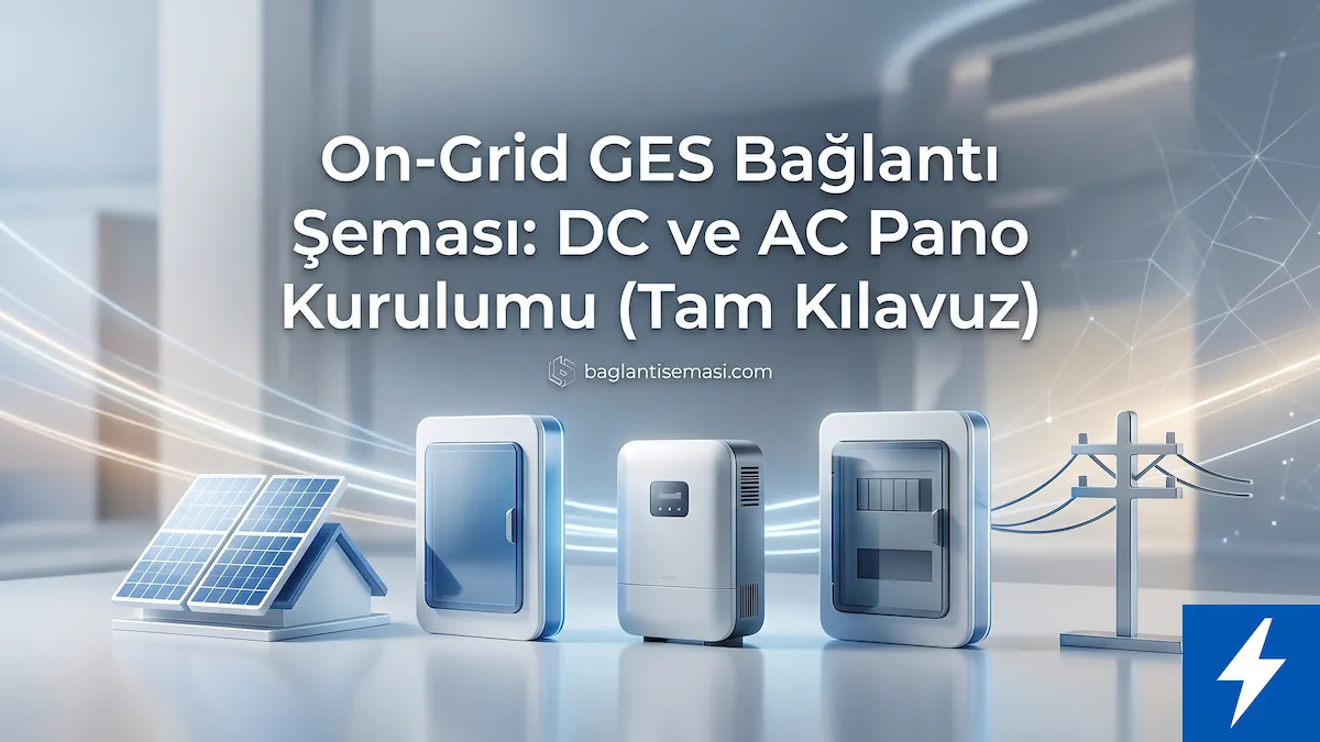 On-Grid GES Bağlantı Şeması ve DC-AC Pano Kurulumu rehberi için güneş panelleri, invertör ve elektrik şebekesi içeren conceptual 3D render